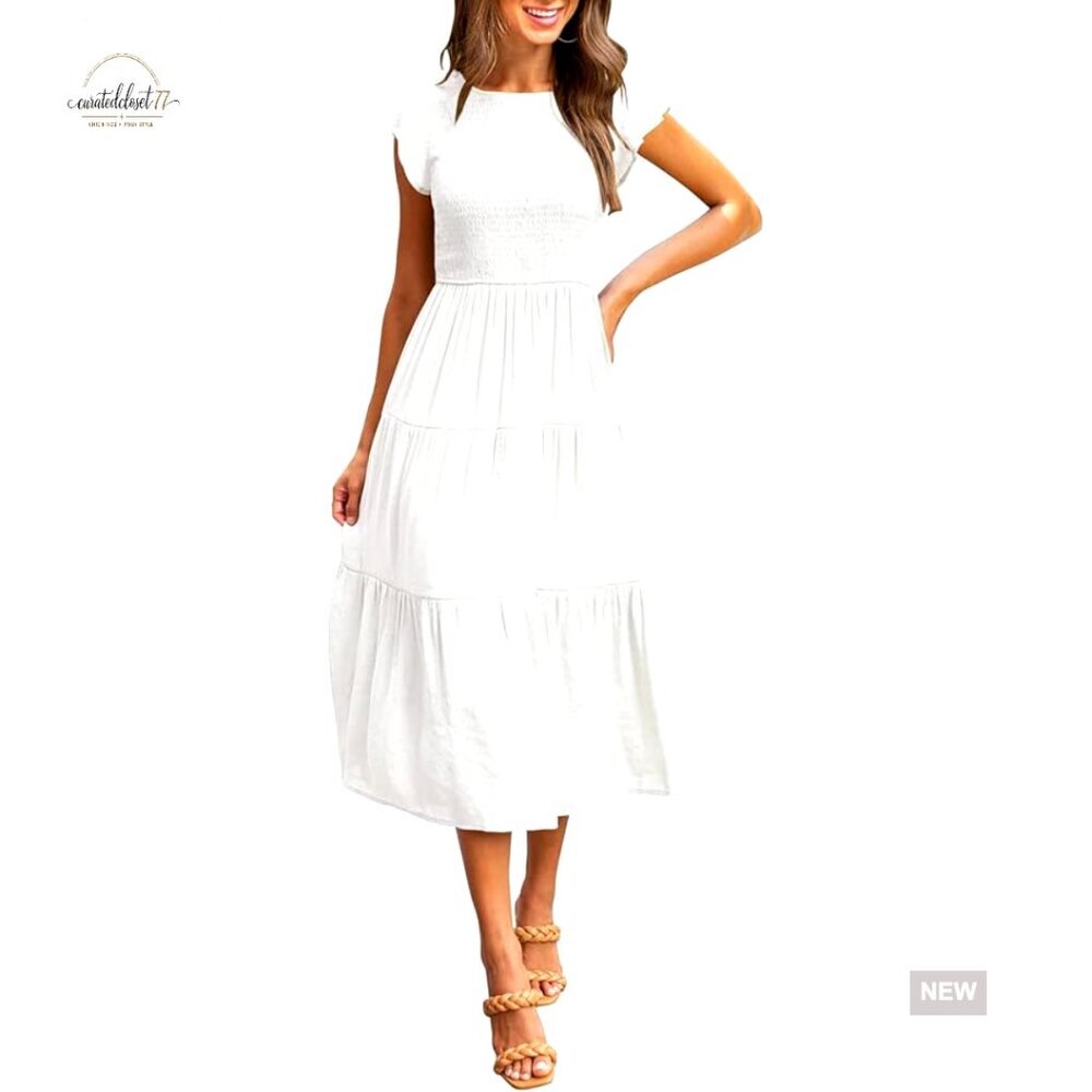 Flutter Sleeve Smocked Midi Dress, Rayon A-Line Summer Casual